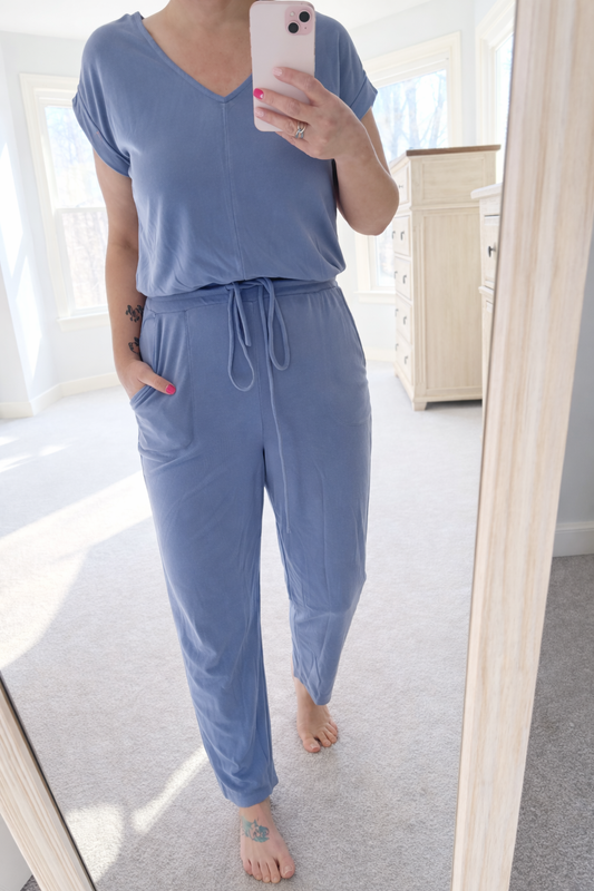 V-Neck Jumpsuit With Adjustable Waist in Indigo
