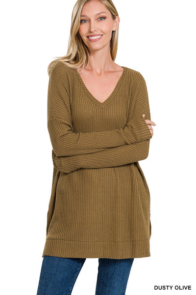 Brushed Waffle V Neck Top - 3 Color Options