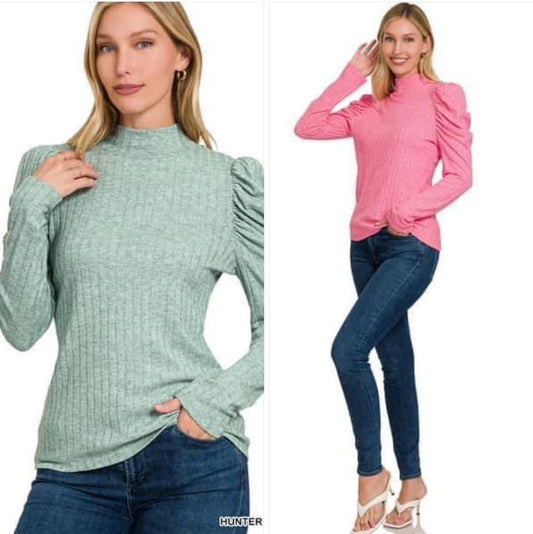 Zenana Ribbed Puff Sleeve Top