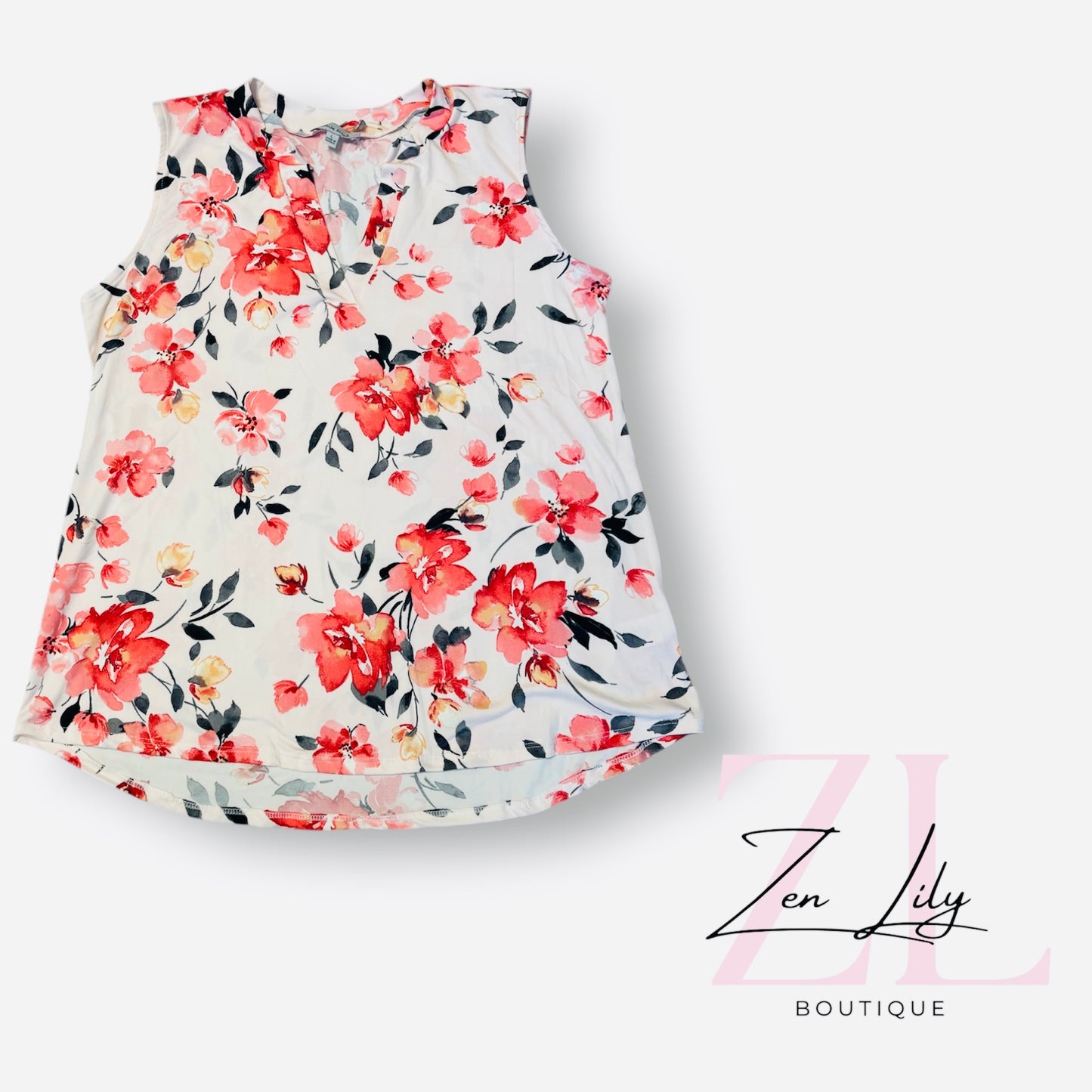 Notched Floral Sleeveless Top