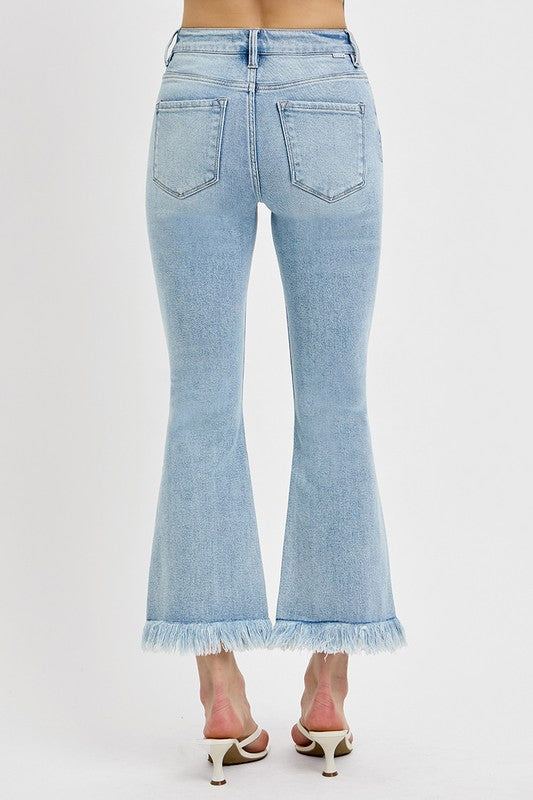 Raw Hem Distressed Cropped Flare Jeans
