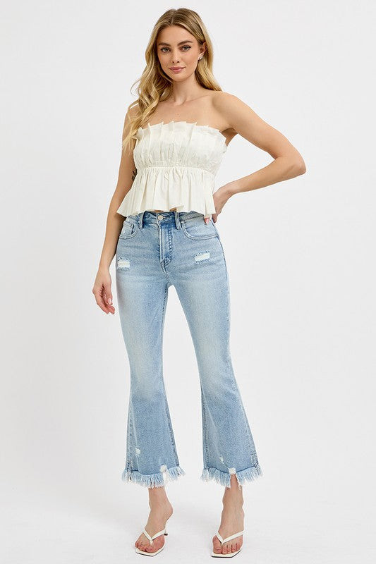 Raw Hem Distressed Cropped Flare Jeans