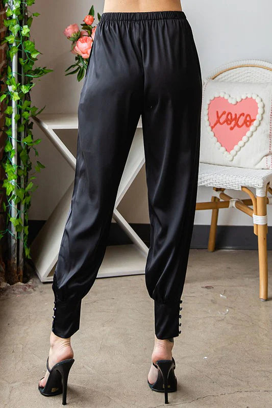 Silk Woven Button Pants With Pockets