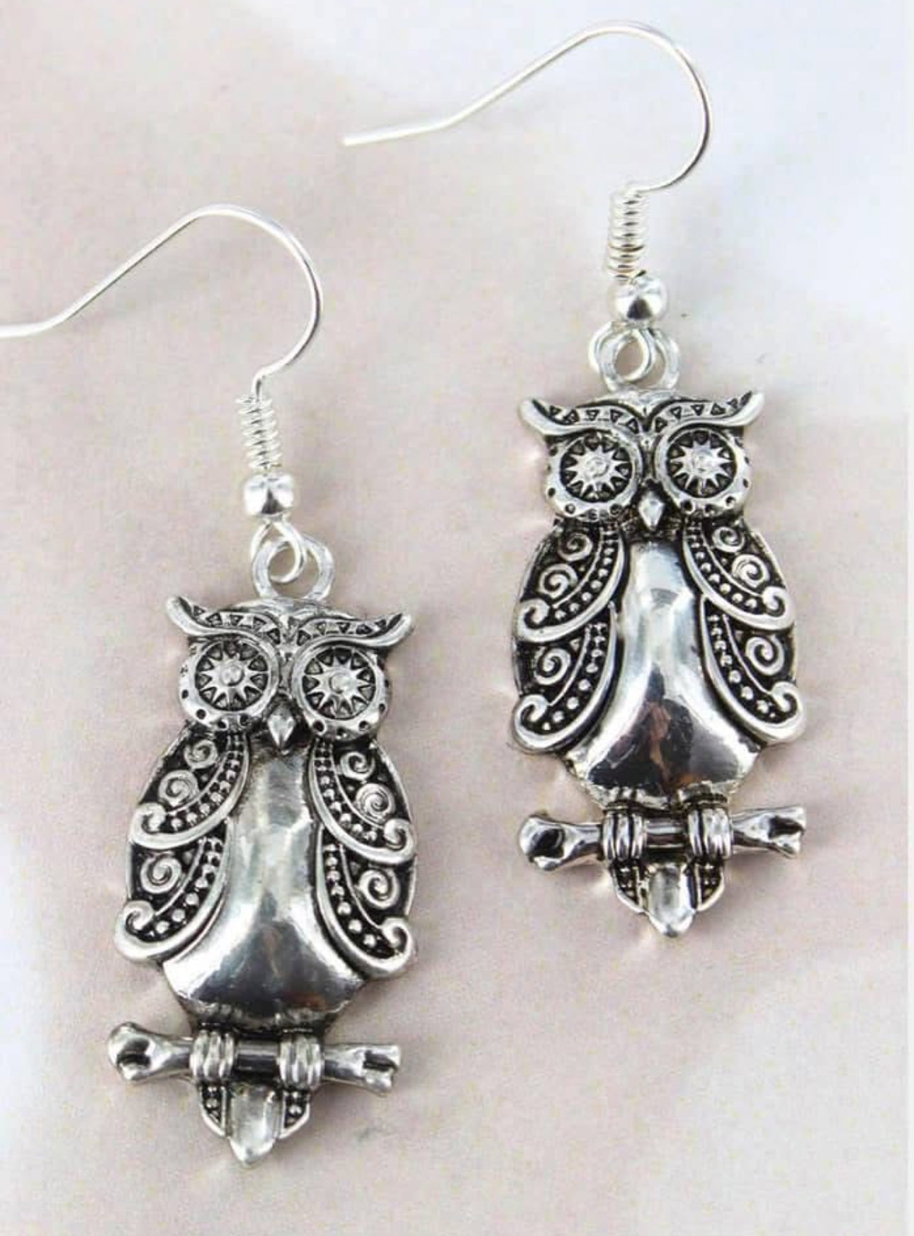 Antique Silver Tone Owl Earrings