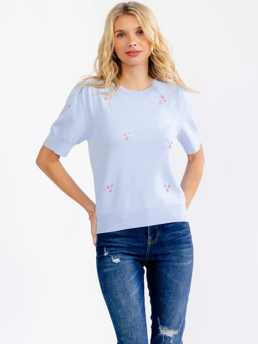 Stars & Stripes Embroidered Short Sleeve Sweater