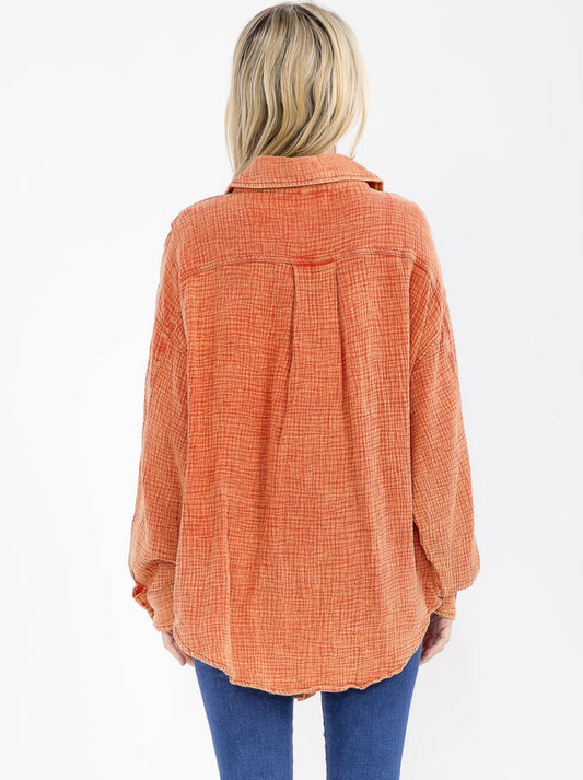 Button Up Washed Top With Pockets in Rust