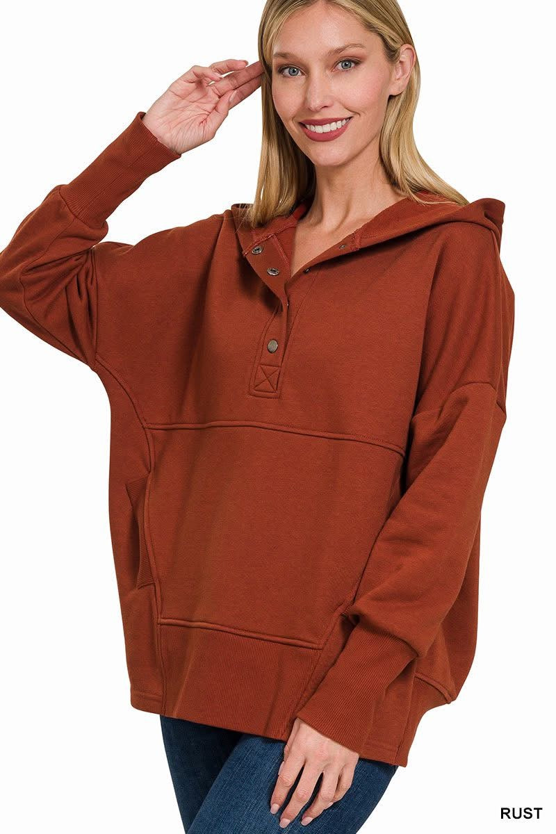 Half Button Fleece Hooded Pullover