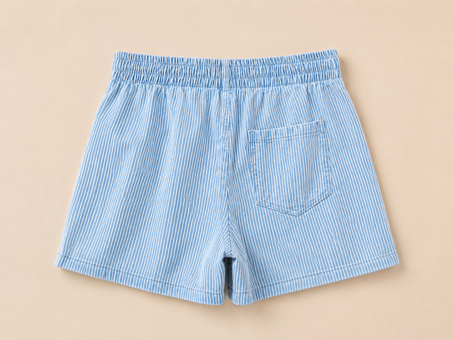 Sky Blue Striped Drawstring Elastic Waist Denim Shorts