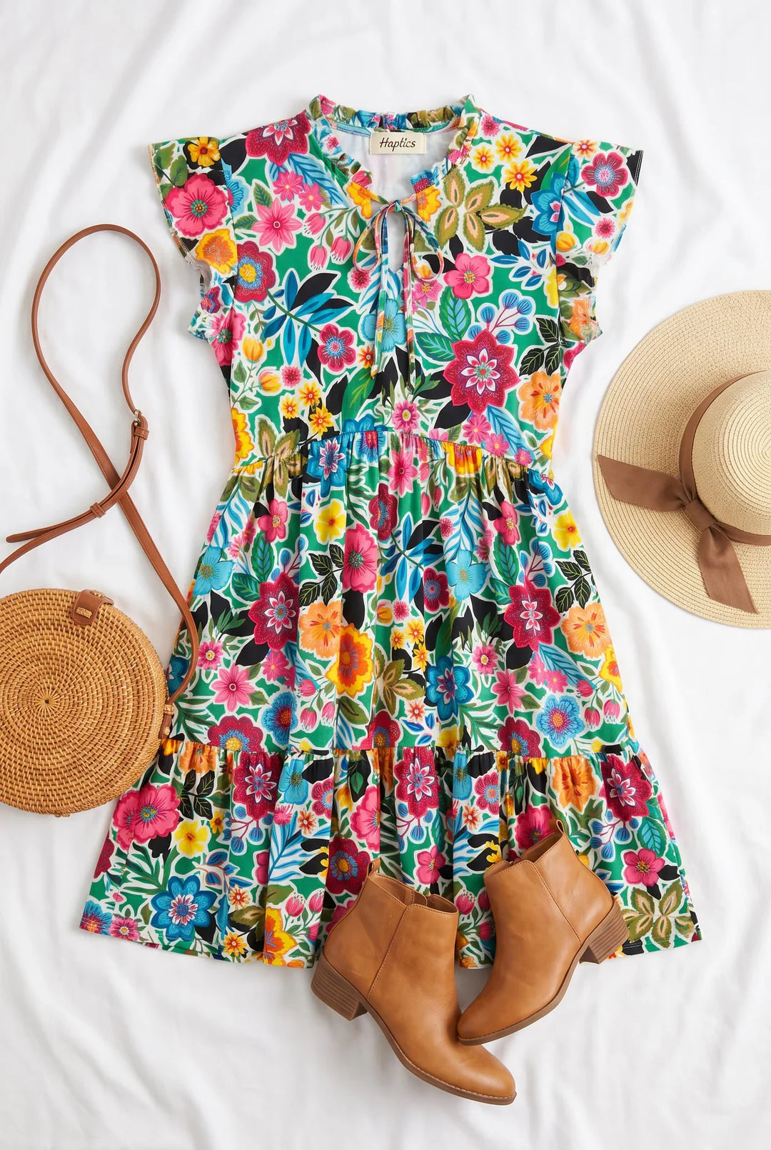 Floral Tie Neck Dress With Pockets
