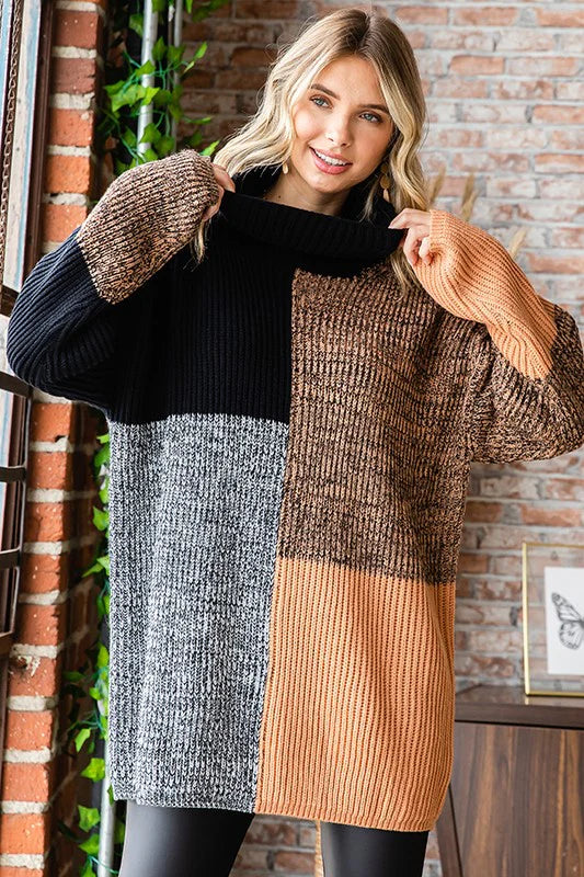 Cowl Neck Color Block Sweater