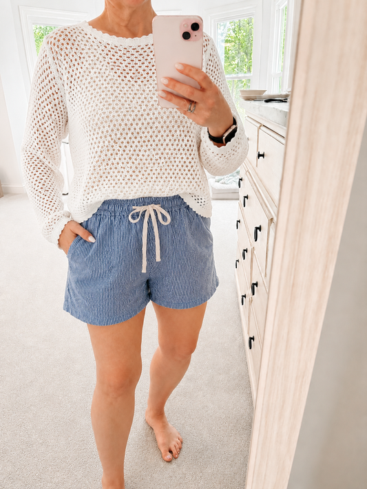 Dark Blue Striped Drawstring Elastic Waist Denim Shorts