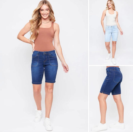 Mid-Rise Porkchop Pocket Bermuda Shorts With Side Slit Hem