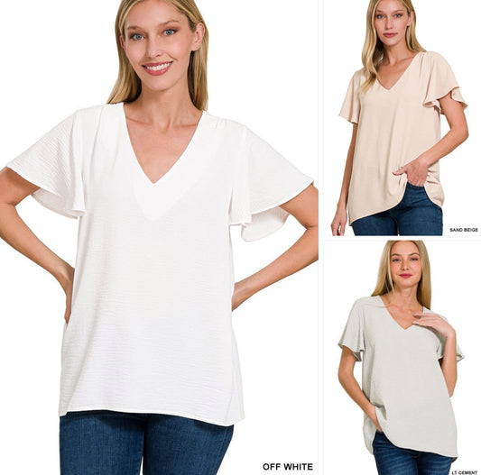V-Neck Flutter Sleeve Top