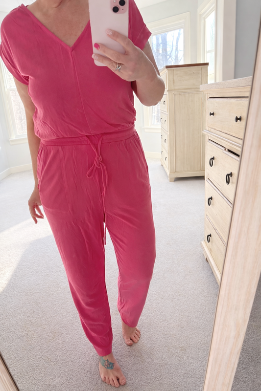 V-Neck Jumpsuit With Adjustable Waist in Hot Pink
