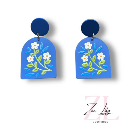 Royal Blue White Floral Dangles