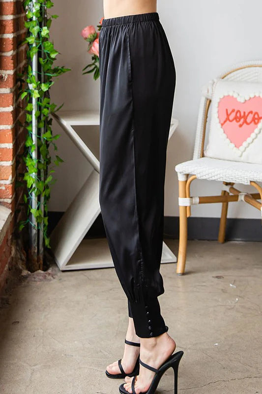 Silk Woven Button Pants With Pockets
