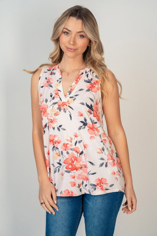 Notched Floral Sleeveless Top