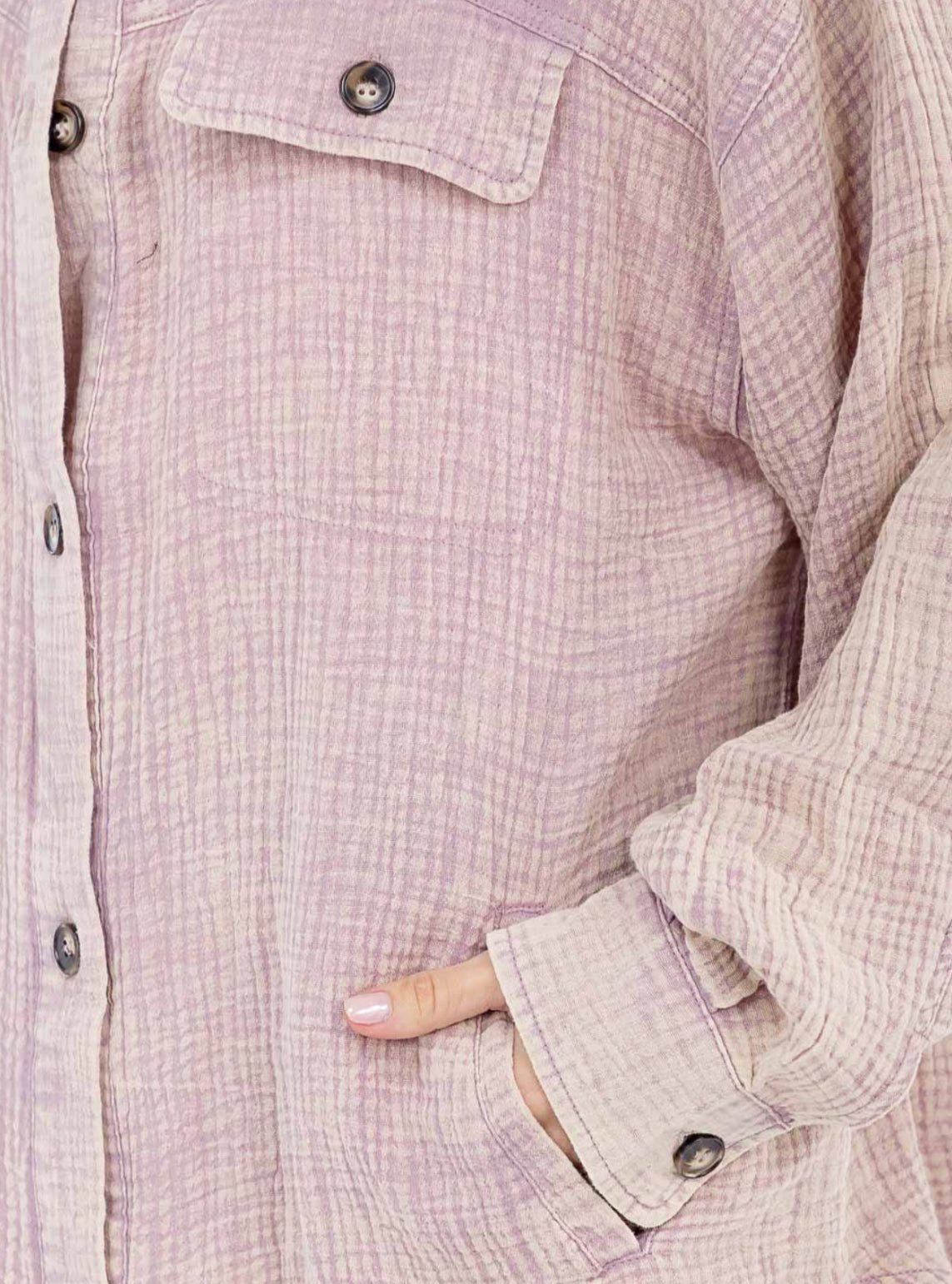 Button Up Washed Top With Pockets in Mauve