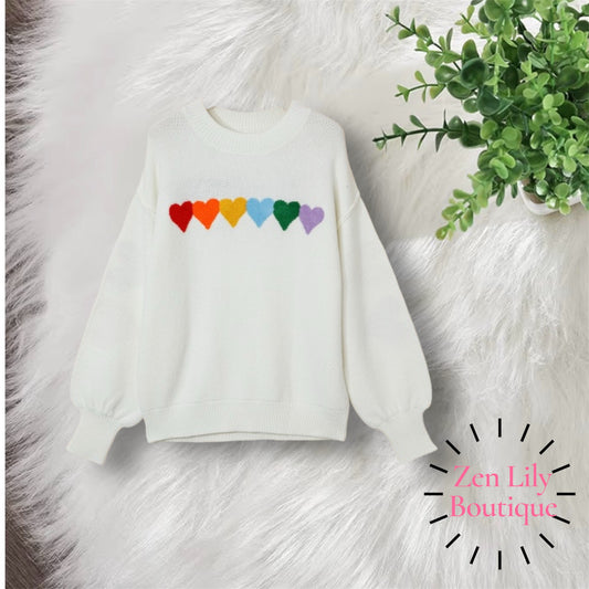 Chenille Feel Drop Shoulder Heart Sweater