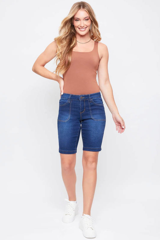 Mid-Rise Porkchop Pocket Bermuda Shorts With Side Slit Hem