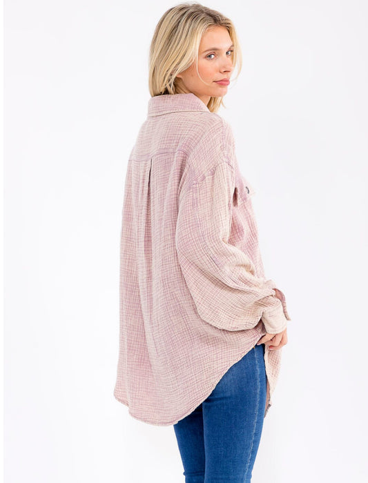 Button Up Washed Top With Pockets in Mauve