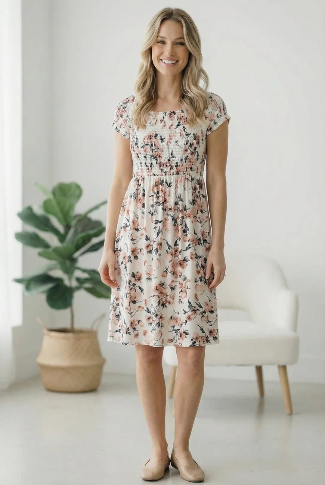 Floral Smocked Dress in Ivory