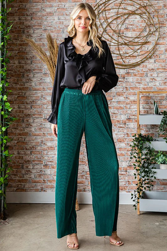 Wide Leg Ribbed Silky Pants With Pockets
