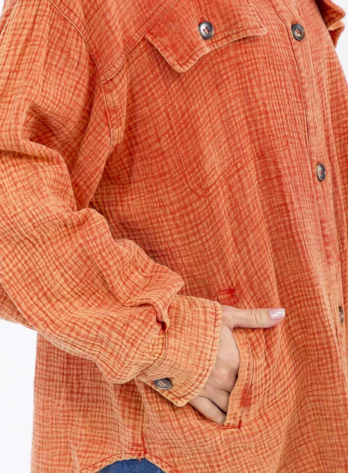 Button Up Washed Top With Pockets in Rust