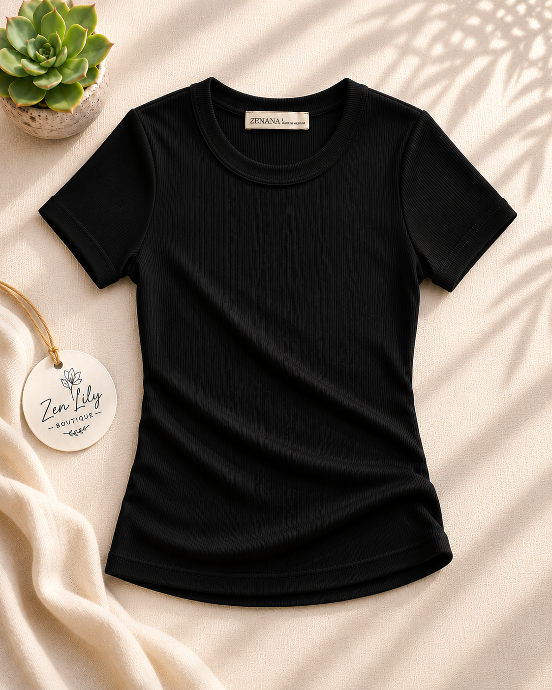 Ribbed Scoop Neck Tee in Black