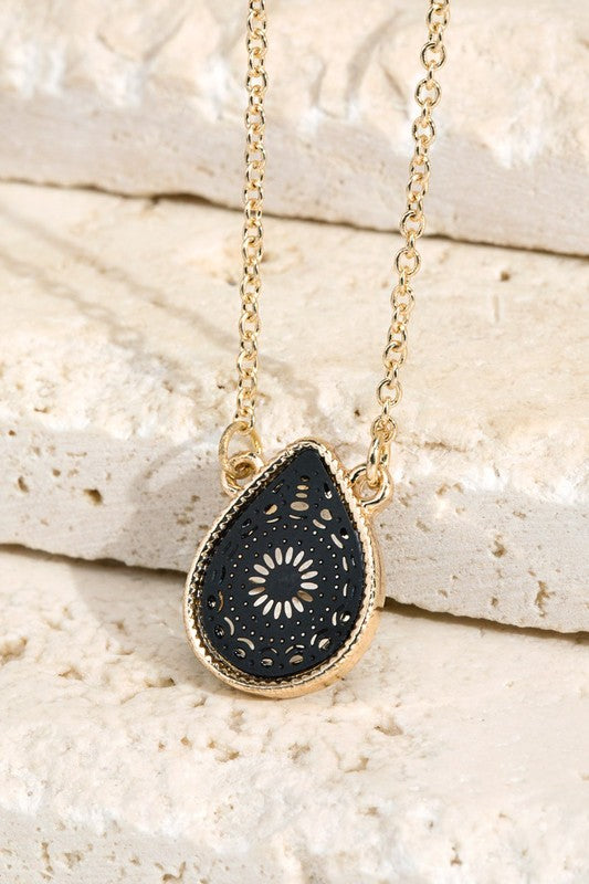 Brass Teardrop Filigree Pendant Necklace