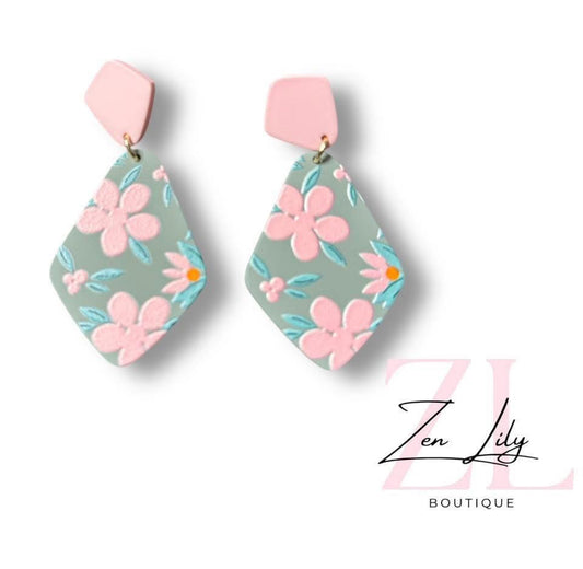 Pink Floral Diamond Shaped Earrings