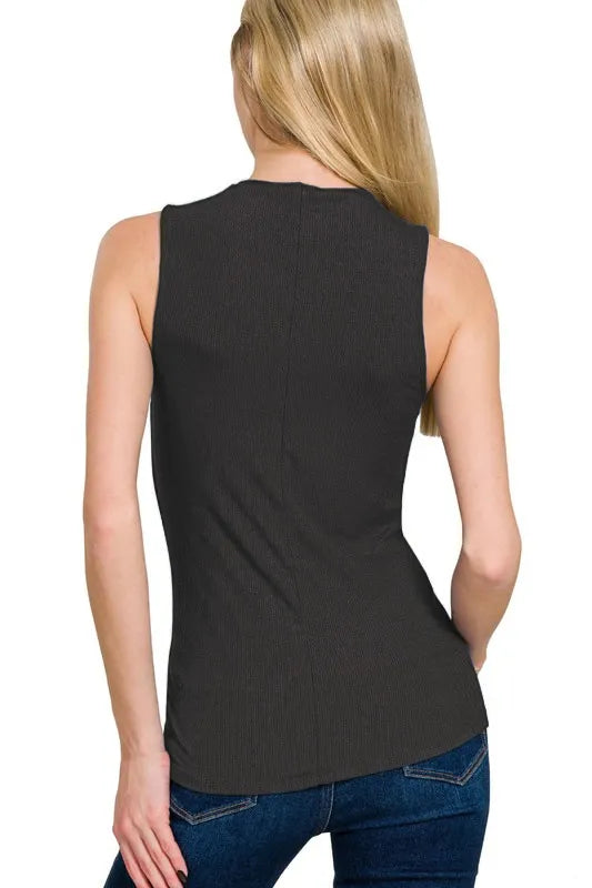 Ribbed Sleeveless Mock Neck Top in Black