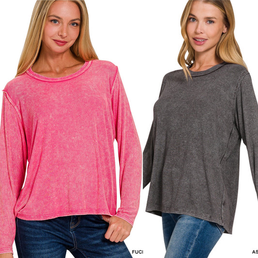 Washed Soft Ribbed Scoop Neck Top - 2 Color Options