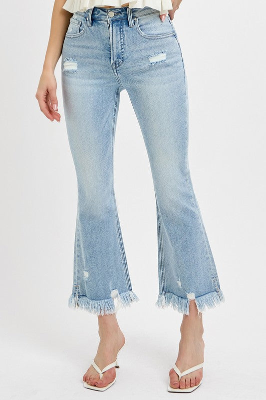 Raw Hem Distressed Cropped Flare Jeans