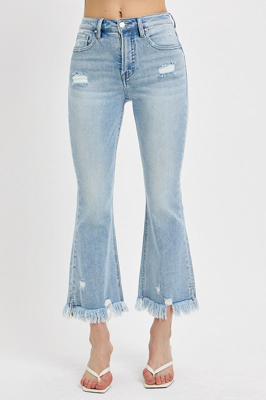 Raw Hem Distressed Cropped Flare Jeans