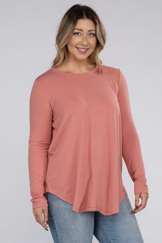 Plus Long Sleeve Round Neck Round Hem Top - 5 Color Options