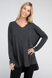 Dolman Long Sleeve V-Neck Side Slit High-Low Hem Top - Multiple color options