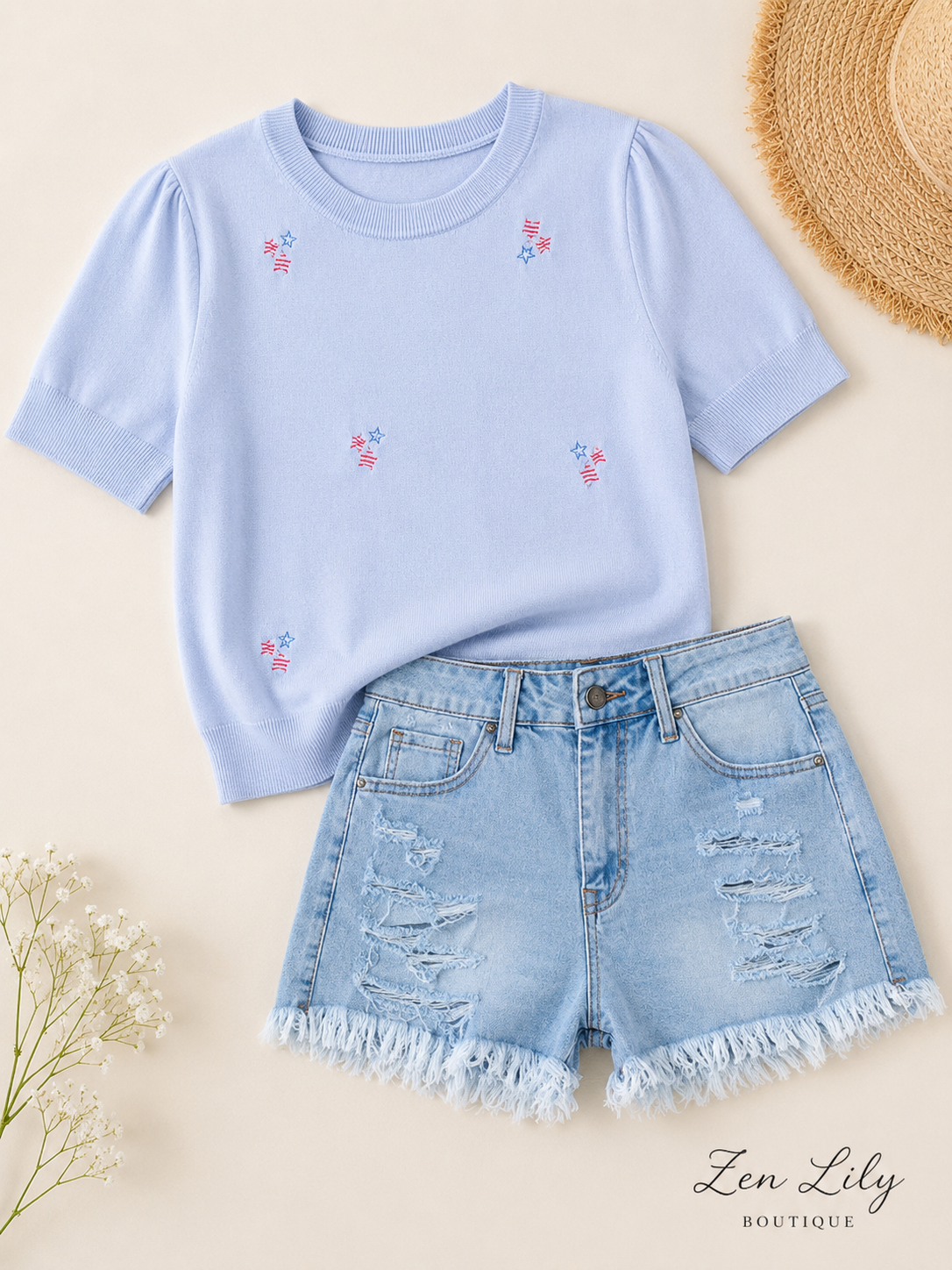 Stars & Stripes Embroidered Short Sleeve Sweater