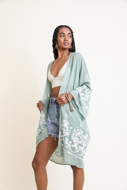 Embroidered Floral Vine Lightweight Kimono - multiple color options