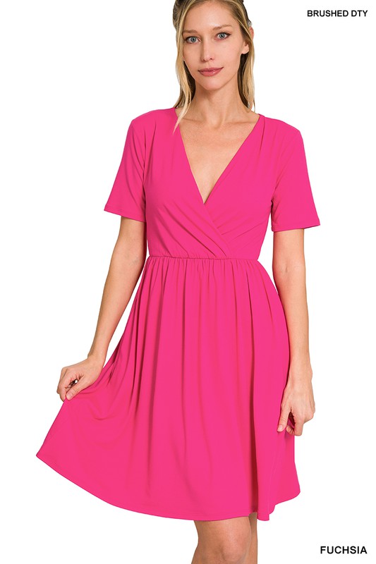 Brushed Fabric Surplice Dress - Multiple Color Options
