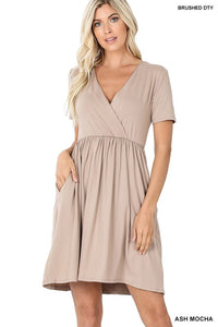 Brushed Fabric Surplice Dress - Multiple Color Options