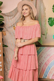 OFF THE SHOULDER THREE LAYERS RUFFLE DRESS - 2 color options