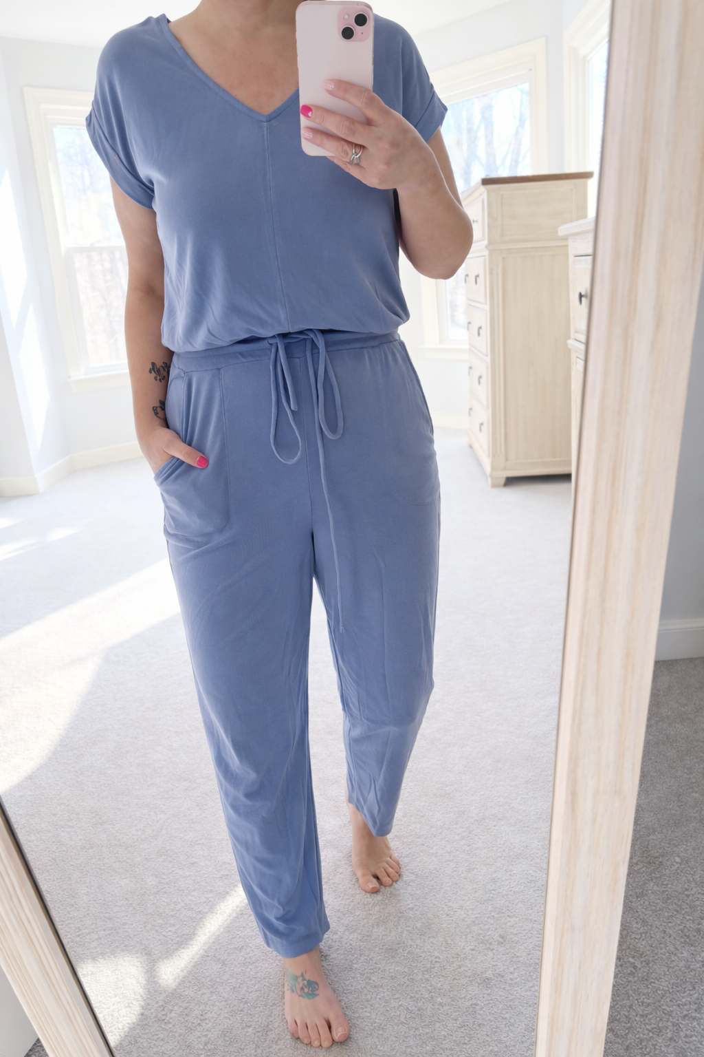 V-Neck Jumpsuit With Adjustable Waist in Indigo