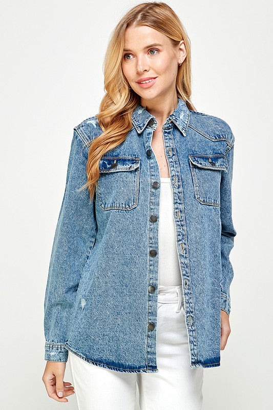 Women's Distressed Denim Shirts - 3 Color Washes