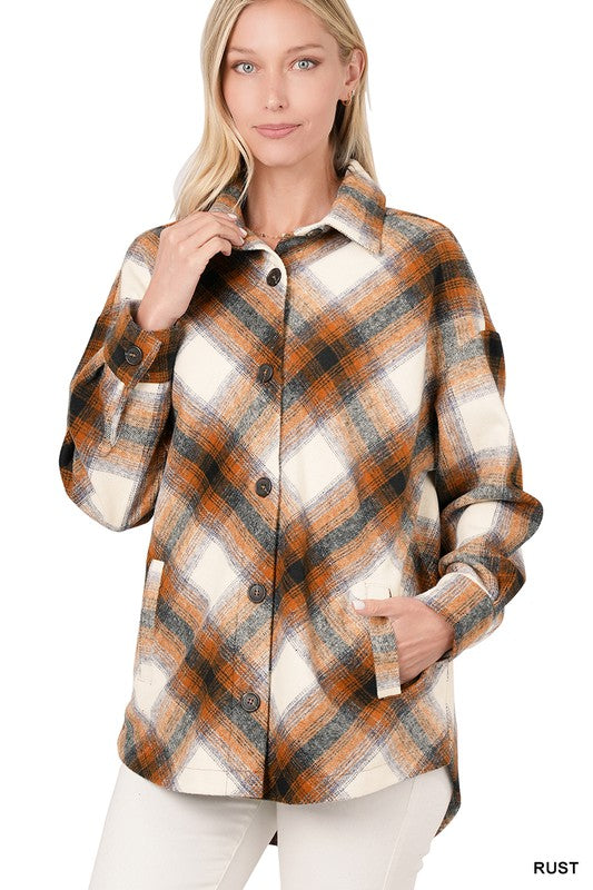 Yarn Dyed Plaid Shacket With Pockets - 2 color options
