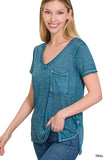 Washed Melange Burnout Scoop V-Neck Top - Multiple color options