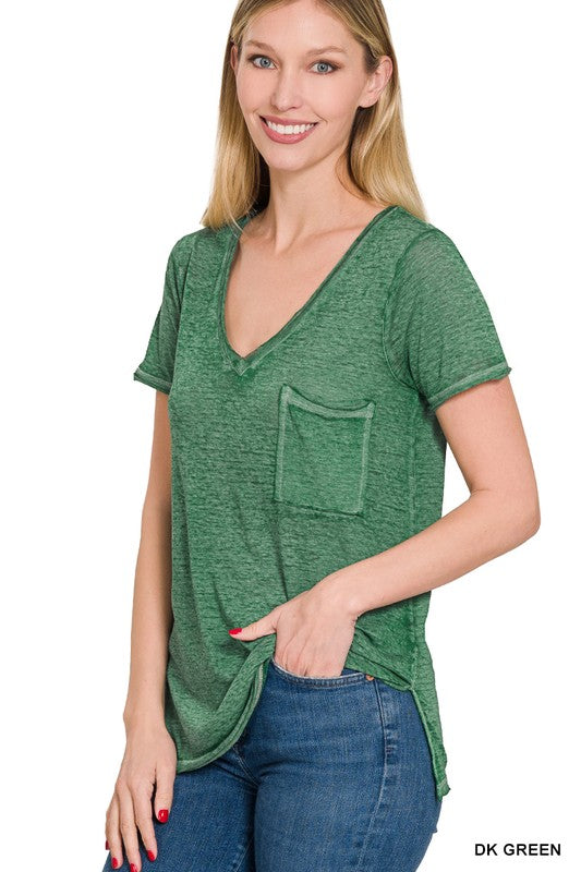 Washed Melange Burnout Scoop V-Neck Top - Multiple color options