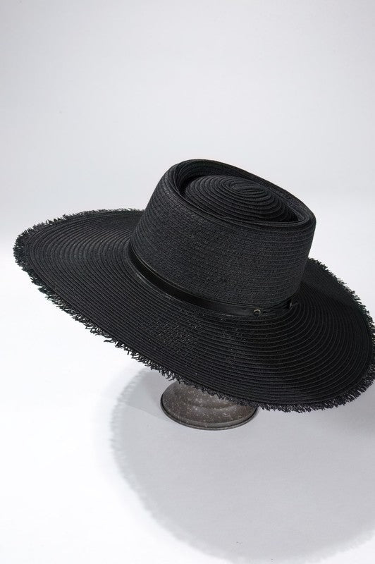Wide Brim Frayed Straw Sun Hat