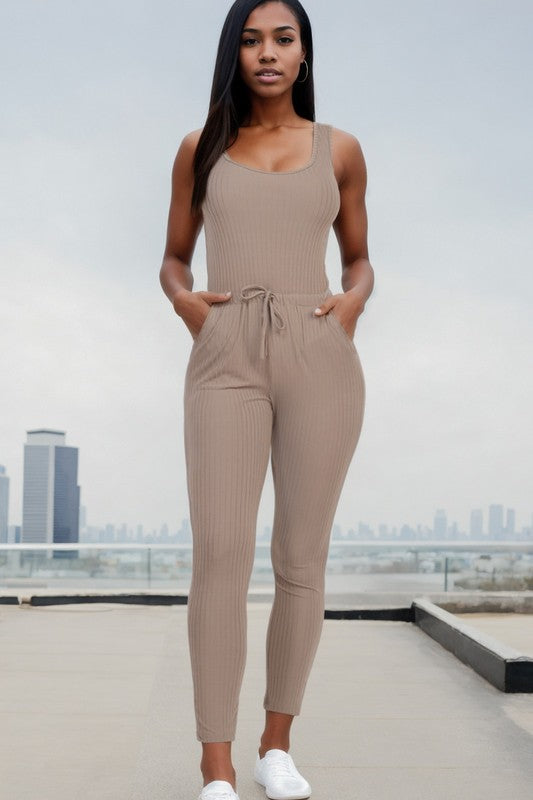 Ribbed Sleeveless Drawstring catsuits Jumpsuit - 12 Color Options