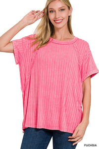 Ribbed Raglan Dolman Sleeve Boat-Neck Top - Multiple Color Options